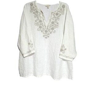 Charter Club 3X Linen Luxury Tunic V Neck Casual 100% Linen Sequin 3/4 Sleeve